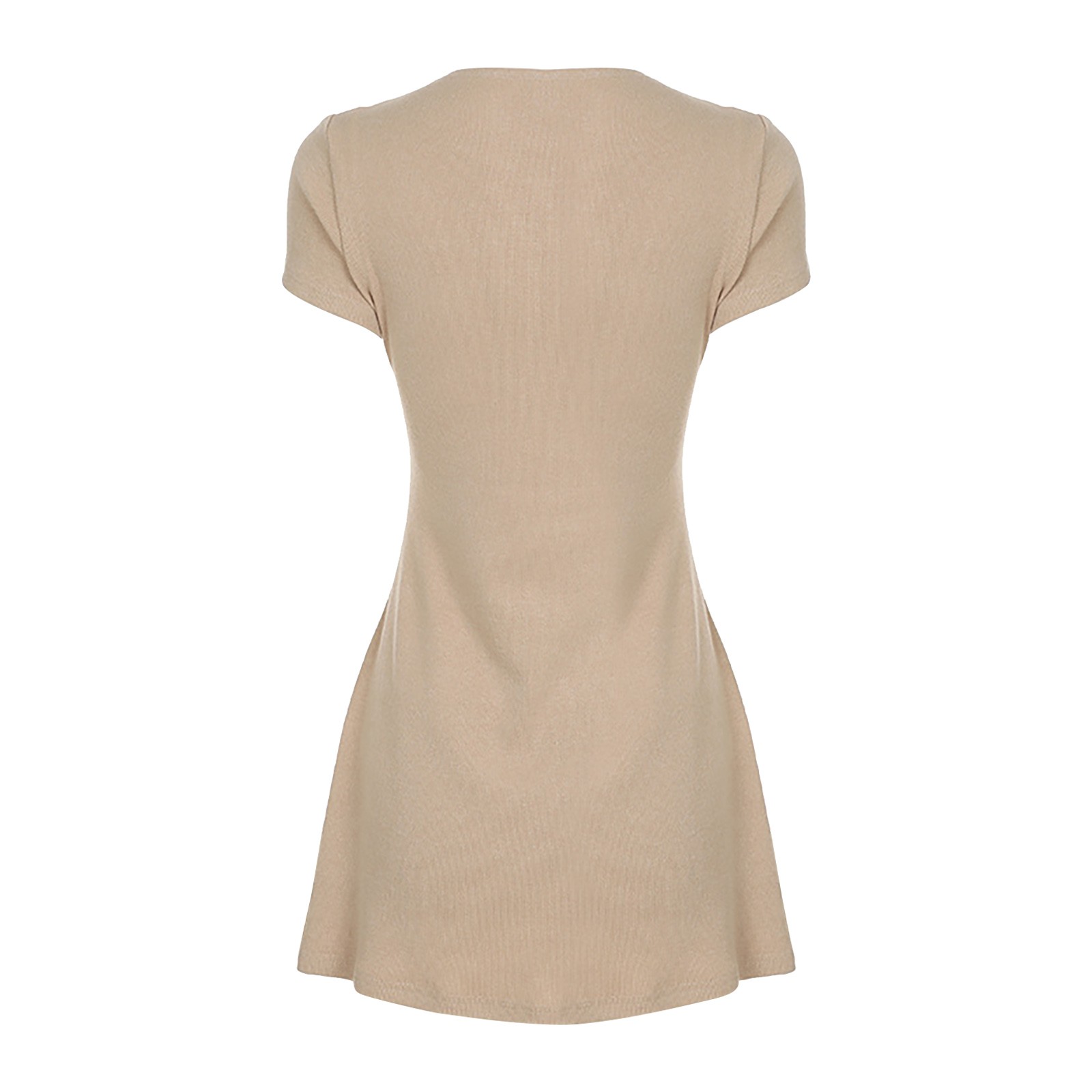 thumbnail image 4 of Vestido de manga corta con cuello en V y botones, de punto elástico y color liso - Punto elástico, falda femenina, elegancia del cuello en V, 4 of 8